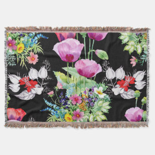 Colorful Poppy Summer Flowers Pattern Throw Blanket