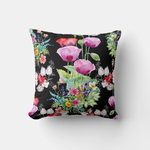 Colorful Poppy Summer Flowers Pattern Throw Pillow
