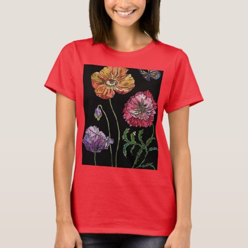 Colorful Poppy Watercolor Painting art Floral T_Shirt