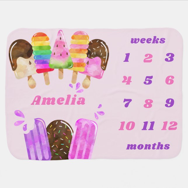 Colorful Popsicle Baby Girl Personalized Milestone Blanket (Horizontal)