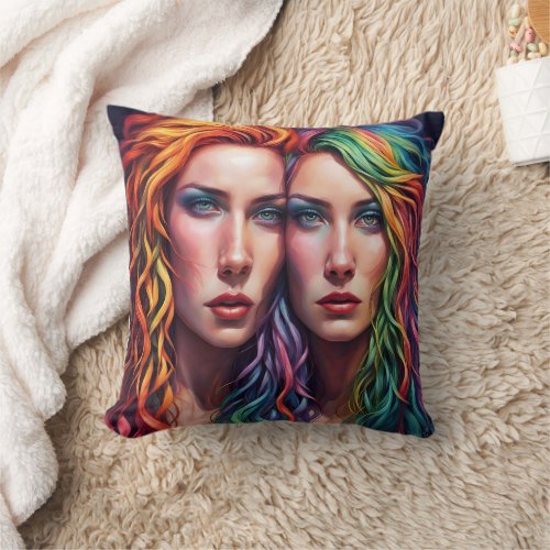 Colorful Portrait of Two Women With Vibrant Hair Throw Pillow