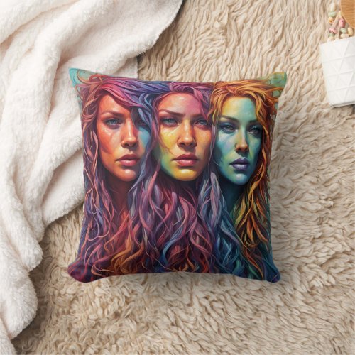 Colorful Portraits of Three Women With Wavy Hair Throw Pillow