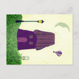 Colorful Postcard with House, Hot Air Balloon, Cat