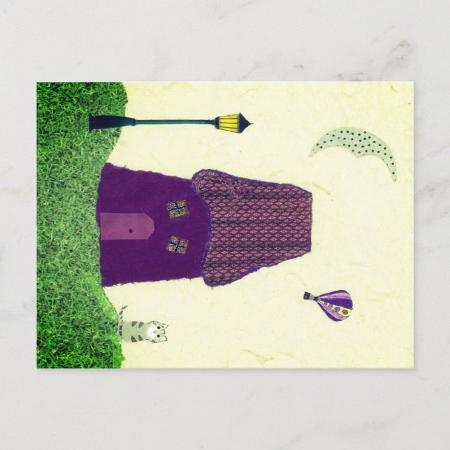 Colorful Postcard with House, Hot Air Balloon, Cat (Front)