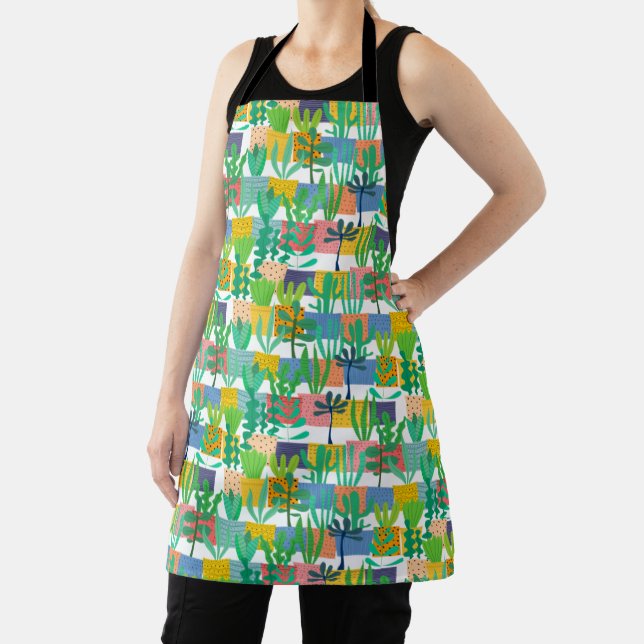 Colorful Pots and Cactus Pattern Apron (Insitu)
