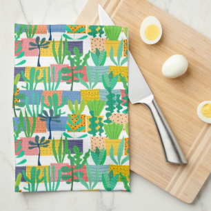 Colorful Pots and Cactus Pattern Kitchen Towel