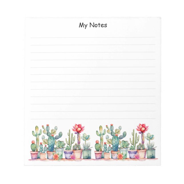 Colorful Potted Cacti And Succulents Lined Notepad (Front)