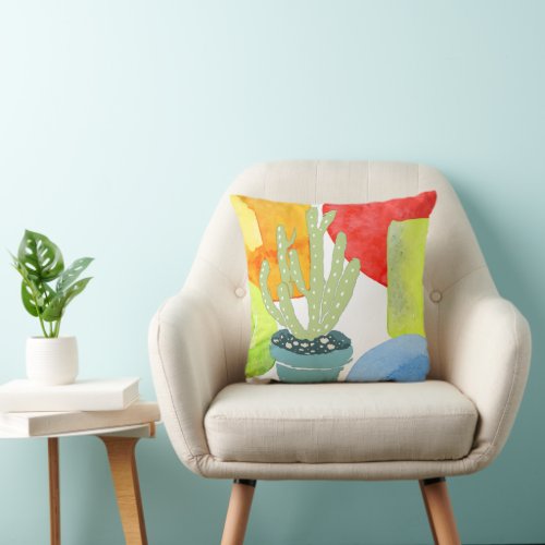 Colorful potted cactus throw pillow