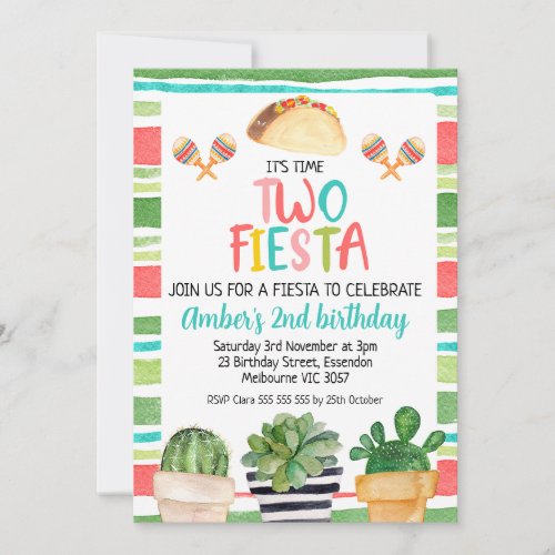 Colorful Potted Cactus Time Two Fiesta Birthday Invitation