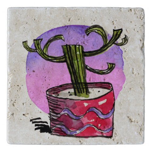 Colorful Potted Cactus Watercolor  Trivet