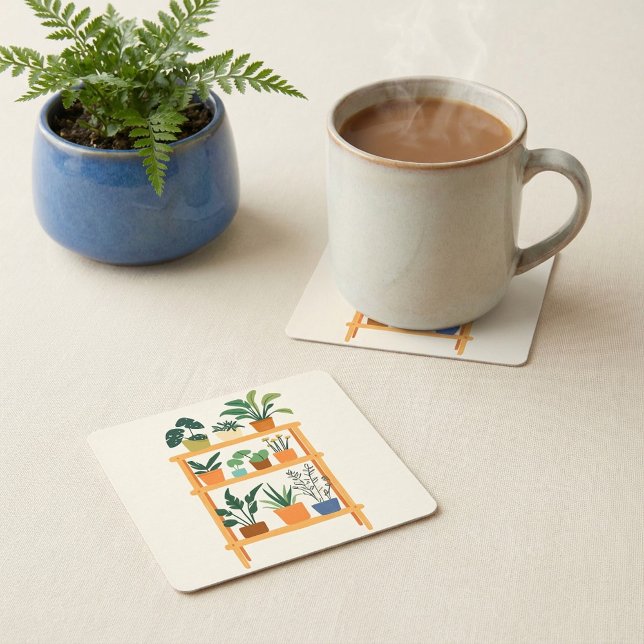 Colorful Potted Houseplants on a rack Square Paper Coaster (Colorful Potted Houseplants on a rack Square Paper Coaster.)
