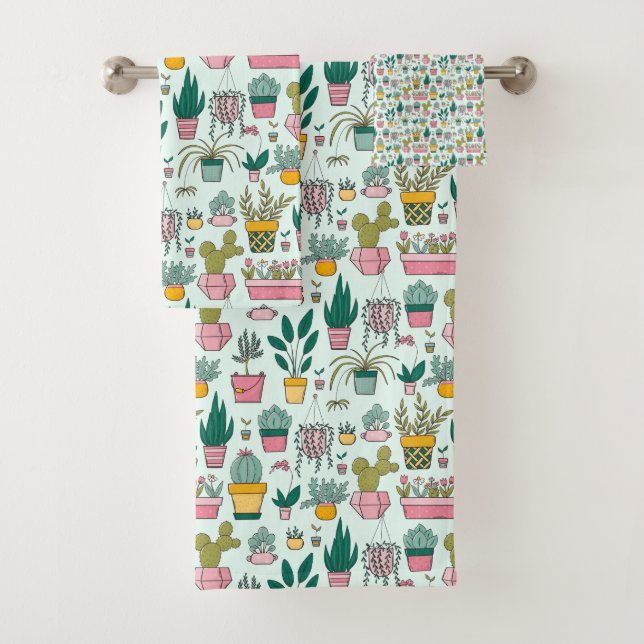 Colorful Potted Plants Succulent & Cactus Pattern Bath Towel Set (Insitu)