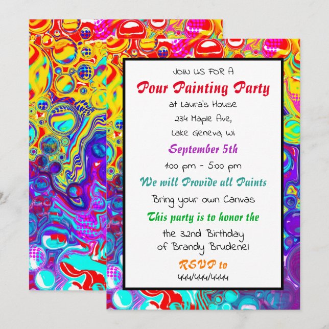 Colorful   Pour Painting Party Birthday Invitation (Front/Back)