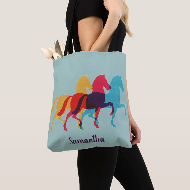 Colorful Prancing Horses Design Tote Bag (Close Up)