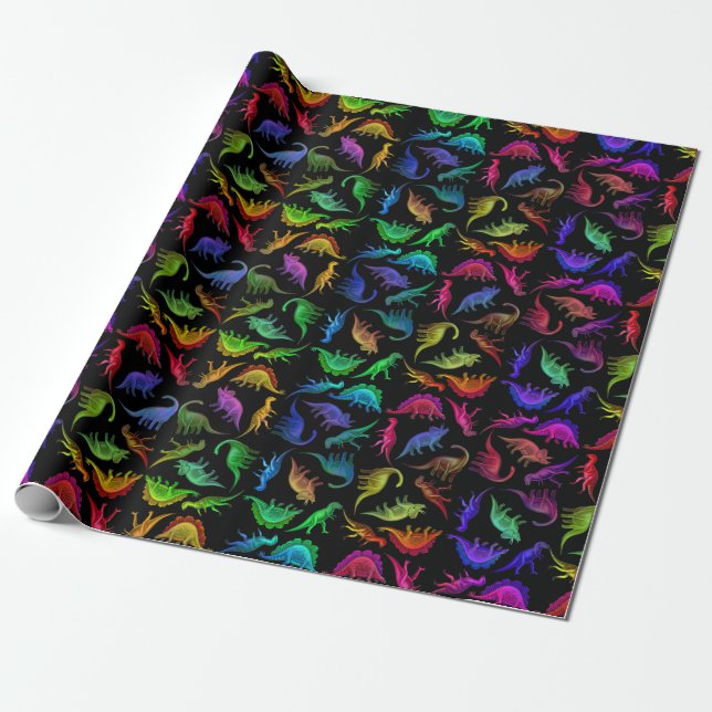 Colorful Prehistoric Dinosaurs Wrapping Paper (Unrolled)