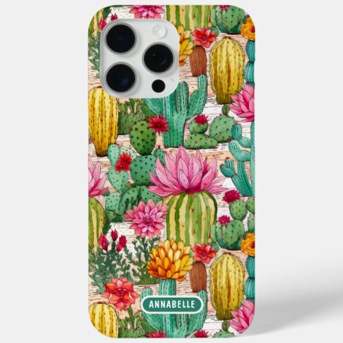 Colorful Preppy Cactus Floral Personalized Name iPhone 15 Pro Max Case