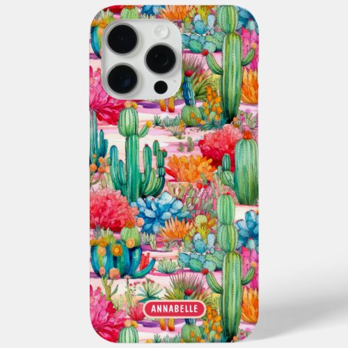 Colorful Preppy Cactus Floral Personalized Name iPhone 15 Pro Max Case