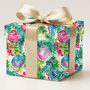 Colorful Preppy Christmas Ornaments and Pine Wrapping Paper
