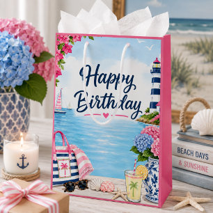 Colorful Preppy Pink Blue Coastal Summer Birthday Medium Gift Bag