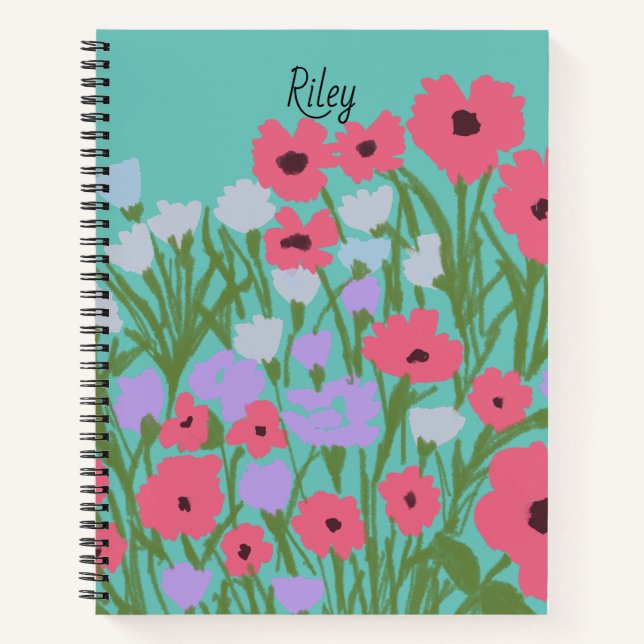 Colorful Pretty Floral Charm + Custom Name Notebook (Front)