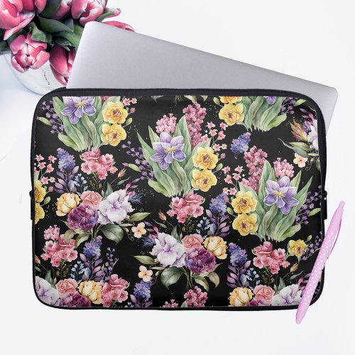 Colorful Pretty Garden Flowers on Black Background Laptop Sleeve