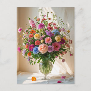 Colorful Pretty Mixed Flower Bouquet Clear Vase    Holiday Postcard