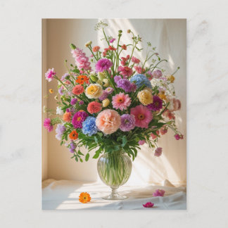 Colorful Pretty Mixed Flower Bouquet Clear Vase    Holiday Postcard
