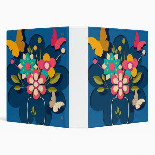 Colorful Pretty Modern Flowers Bouquet on Blue 3 Ring Binder