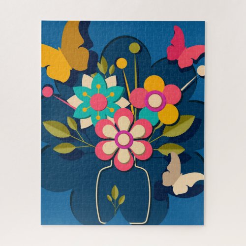 Colorful Pretty Modern Flowers Bouquet on Blue Jigsaw Puzzle