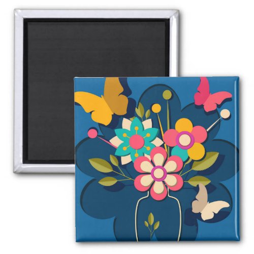 Colorful Pretty Modern Flowers Bouquet on Blue Magnet