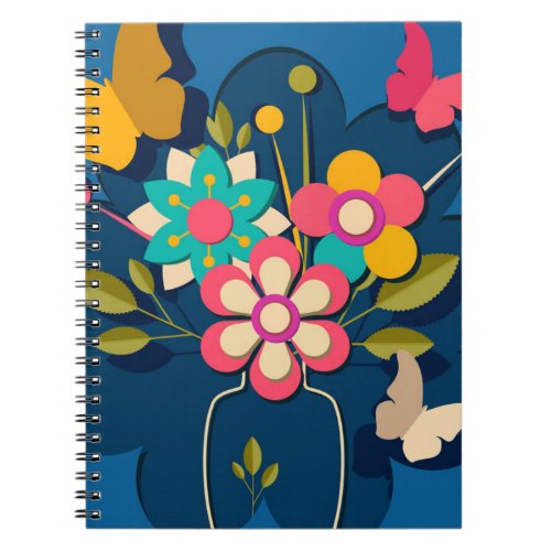 Colorful Pretty Modern Flowers Bouquet on Blue Notebook