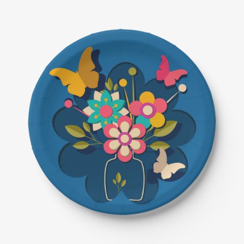 Colorful Pretty Modern Flowers Bouquet on Blue Paper Plates