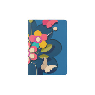 Colorful Pretty Modern Flowers Bouquet on Blue Passport Holder