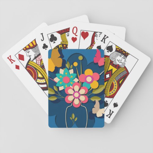 Colorful Pretty Modern Flowers Bouquet on Blue Poker Cards