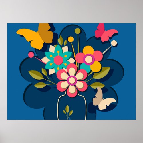 Colorful Pretty Modern Flowers Bouquet on Blue Poster