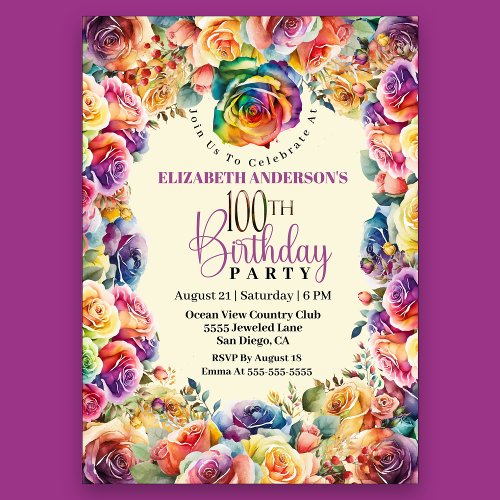 Colorful Pretty Roses 100th Birthday Invitation