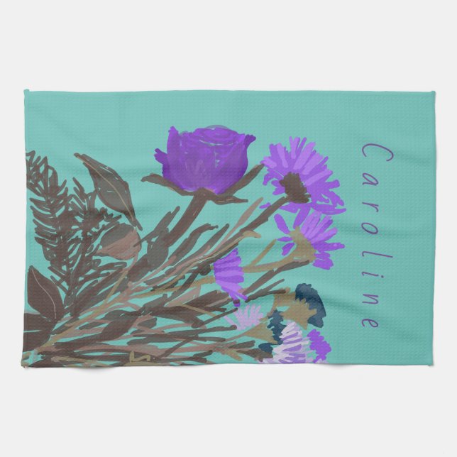Colorful Pretty Spring Flowers + Custom Name Kitchen Towel (Horizontal)