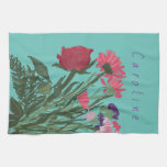 Colorful Pretty Spring Flowers + Custom Name Kitchen Towel