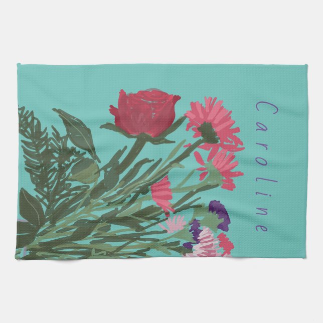 Colorful Pretty Spring Flowers + Custom Name Kitchen Towel (Horizontal)