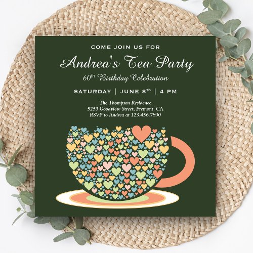 Colorful Pretty Tea Cup  Green Birthday Tea Party Invitation