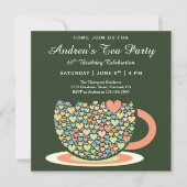 Colorful Pretty Tea Cup | Green Birthday Tea Party Invitation (Front)