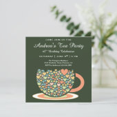 Colorful Pretty Tea Cup | Green Birthday Tea Party Invitation (Standing Front)