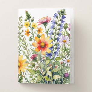 Colorful pretty wildflowers watercolor painting pocket folder