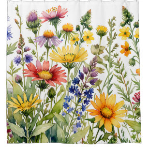 Colorful pretty wildflowers watercolor painting shower curtain
