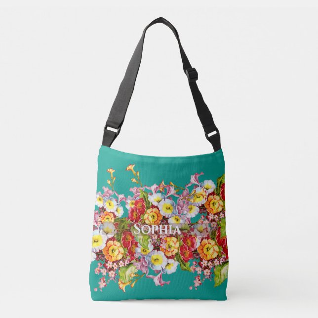 Colorful Primroses Cute Floral Spring Personalized Crossbody Bag (Front)