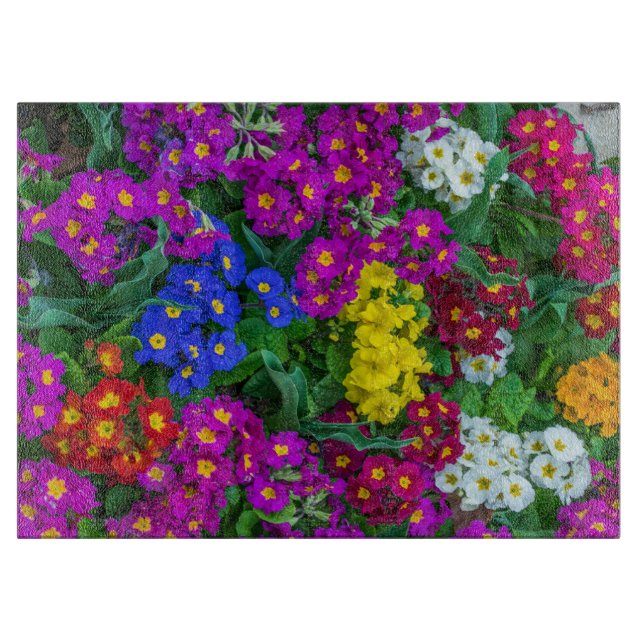 Colorful primroses glass cutting board (Front)