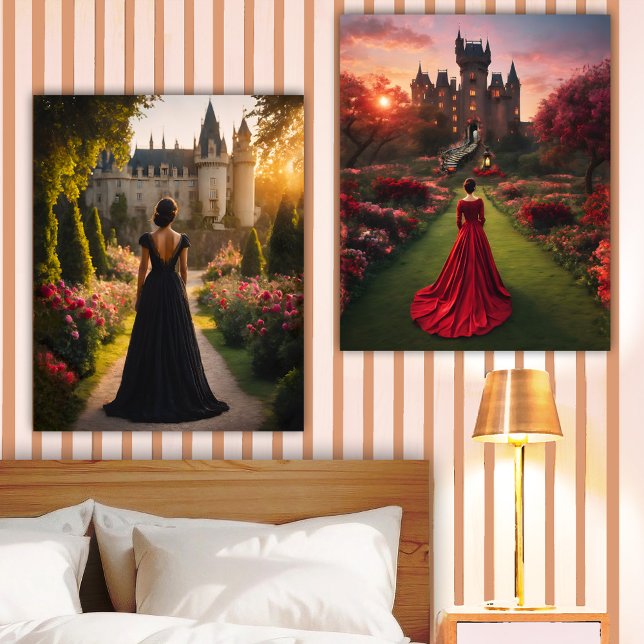 Colorful Princess Fairy Tale Castle Fantasy Wood Photo Tile (Wall art paintings featuring a colorful fantasy scene with a princess looking at a castle)