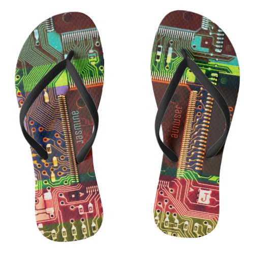 Colorful Printed Circuit Board Personalized Geeky Flip Flops