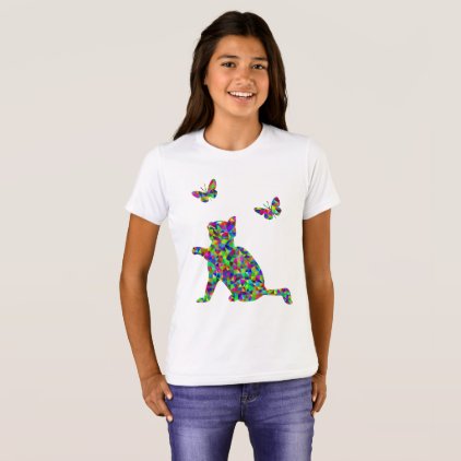 Colorful Prismatic Cat And Butterflies Girls Shirt