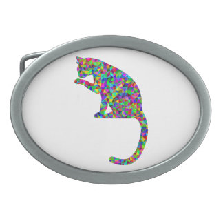 Colorful Prismatic Cat Licking Paw Oval Belt Buckle